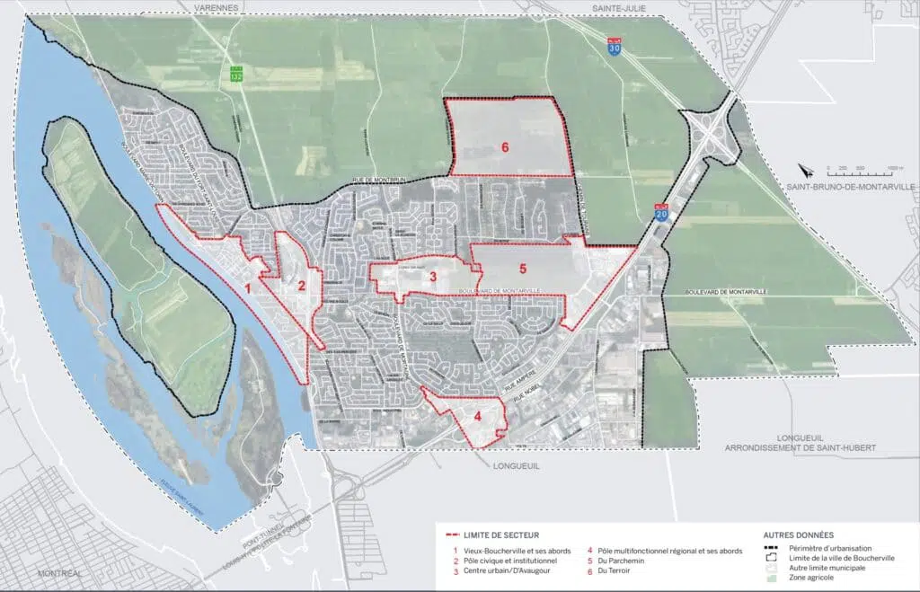 Schéma des secteurs de la Ville de Boucherville qui nécessitent une planification et un encadrement dans leur développement. 