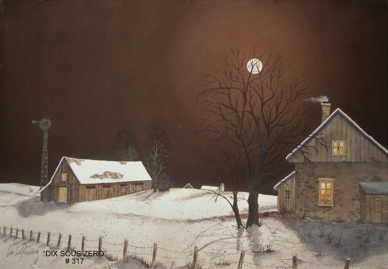 Peinture d'un paysage d'hiver comprenant une maison illuminée, une grange et ciel brun.