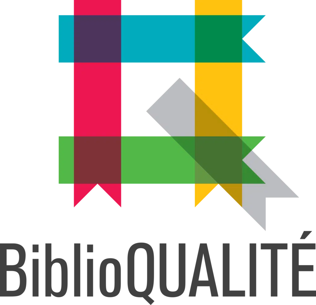 Logo du programme BiblioQualité de l'Association des bibliothèques publiques du Québec. Il s'agit de ruban rouge, vert, bleu, gris et jaune qui s'entrecroisent.
