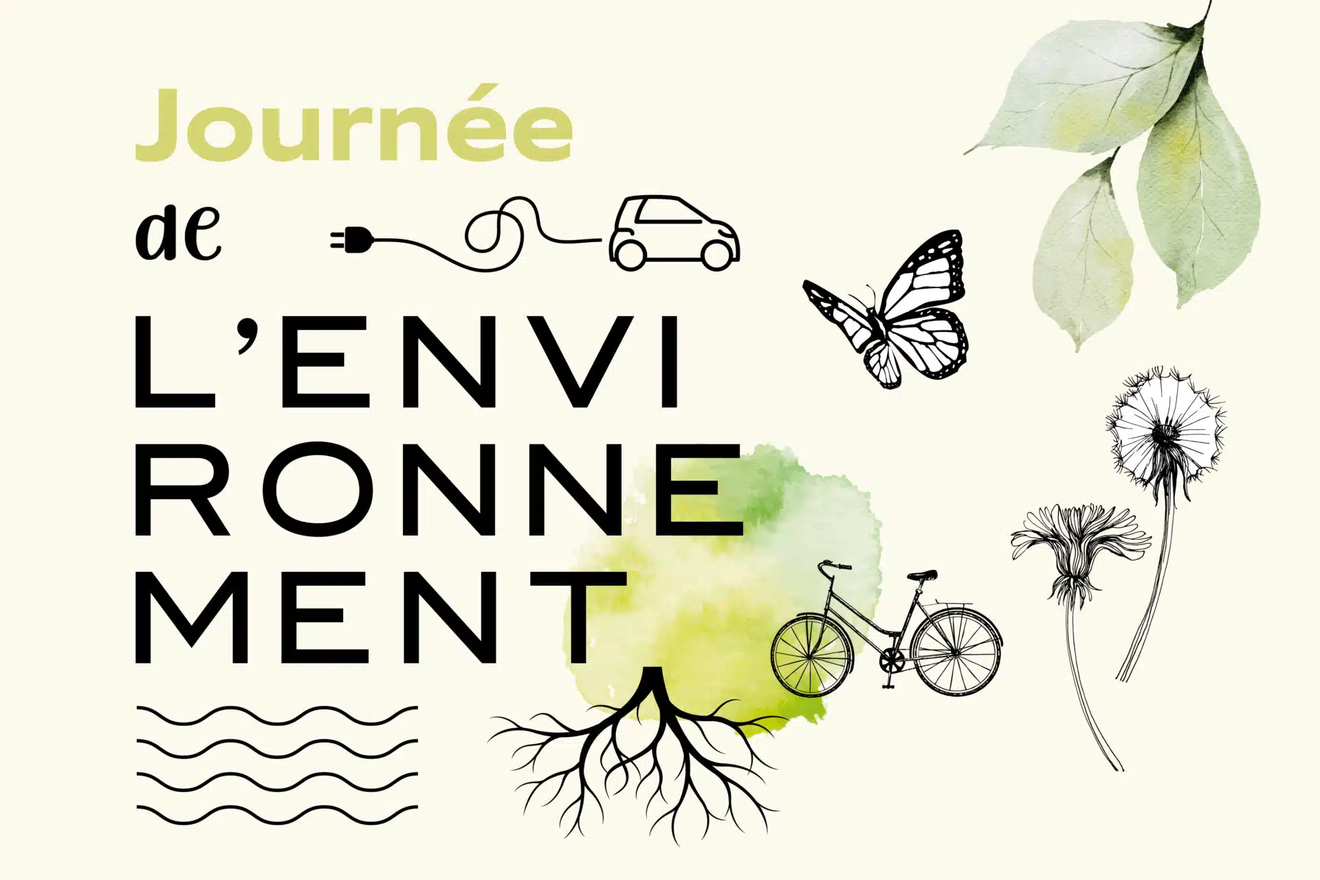 Visuel vert pâle sur lequel il est écrit : Journée de l'environnement. On y voit de petites icônes : voiture électrique, de papillon, vélo, pissenlit et arbre.