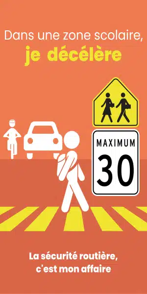 Campagne sécurité routière du Service de police de l'agglomération de Longueuil. Icone d'un enfant qui traverse une traverse piétonnière pour se rendre à l'école. En arrière-plan, il y a un cycliste et une voiture. On peut également voir sur le visuel, le panneau de vitese Maximum 30
