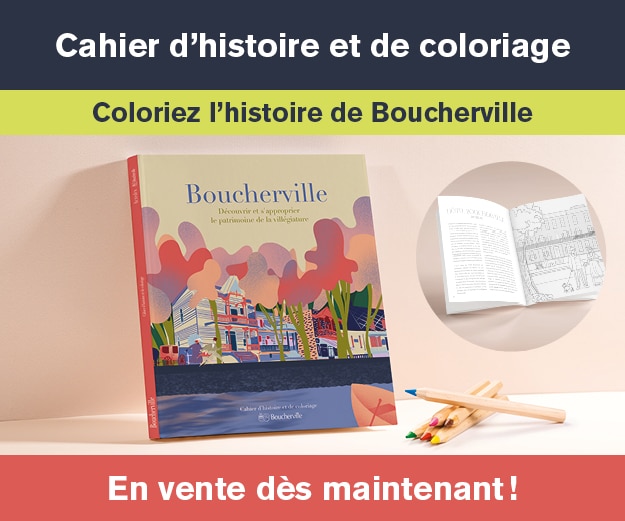 Visuel du cahier d'histoire et de coloriage, on voit les illustrations colorées des maisons patrimoniales ainsi que la mention : En vente dès maintenant!