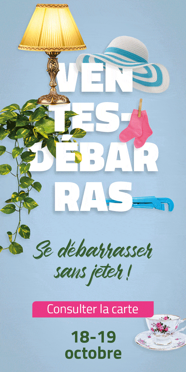 Visuel des ventes-débarras. On y voit des objets sur un fond bleu ainsi que la mention Consulter la carte et ensuite Inscrire votre vente avec les dates du 18 et 19 octobre.