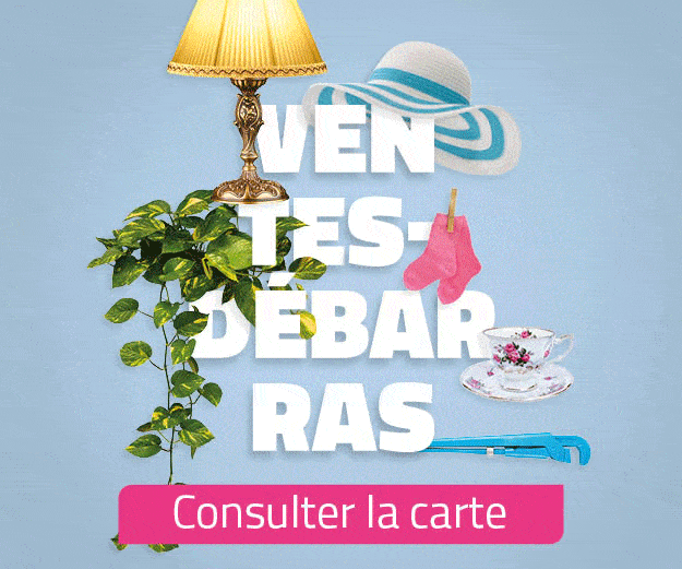 Visuel des ventes-débarras. On y voit des objets sur un fond bleu ainsi que la mention Consulter la carte et ensuite Inscrire votre vente.