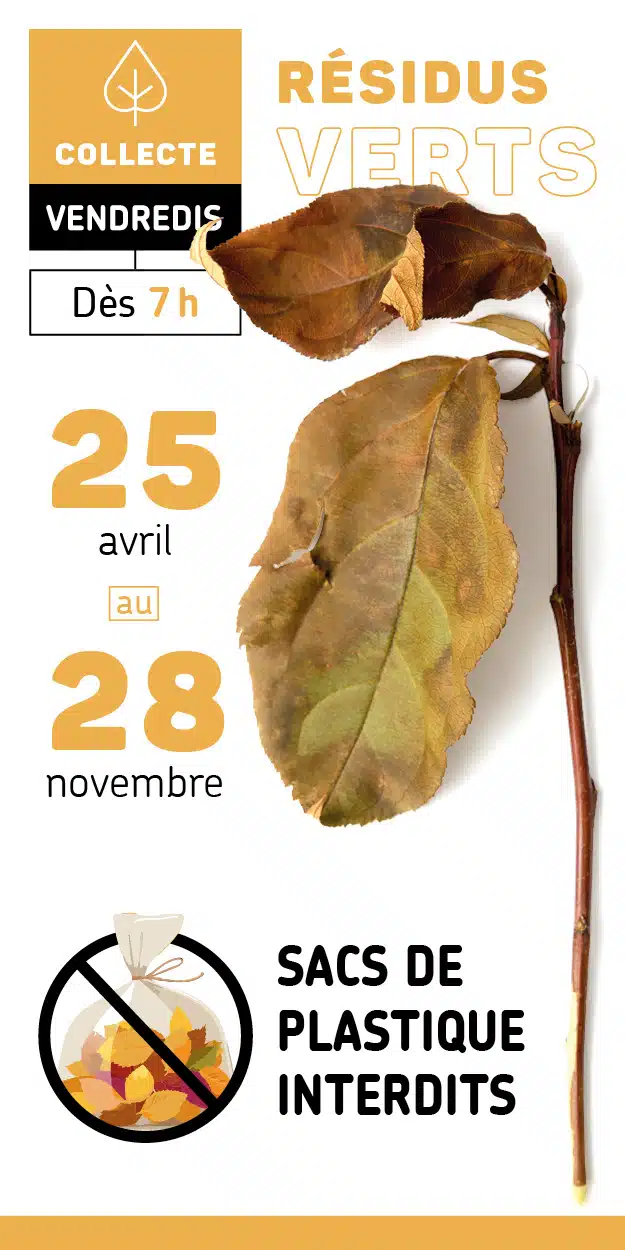 Visuel de la collecte de résidus verts. On y voit une feuille morte et les dates 25 avril au 28 novembre. On peut aussi y lire l'interdiction de l'utilisation de sacs de plastique.