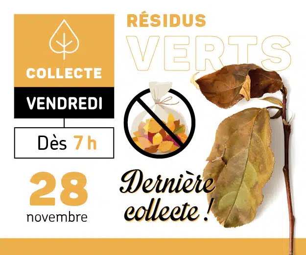 Visuel de la collecte de résidus verts. On peut aussi lire que le 28 novembre est la dernière collecte. On y retrouve aussi une note sur l'interdiction de l'utilisation de sacs de plastique.
