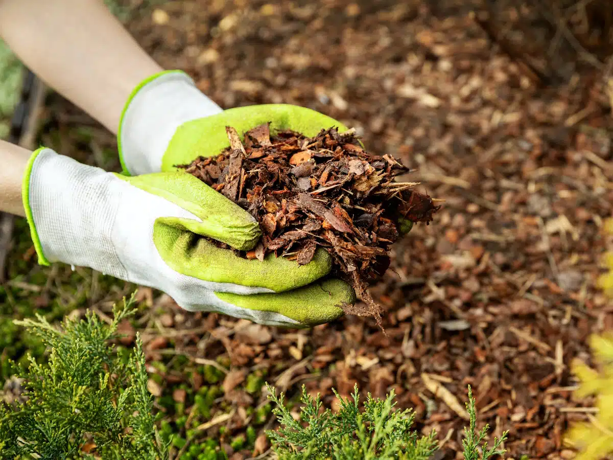 Mains avec des gants de jardinage qui prend une poignée de paillis