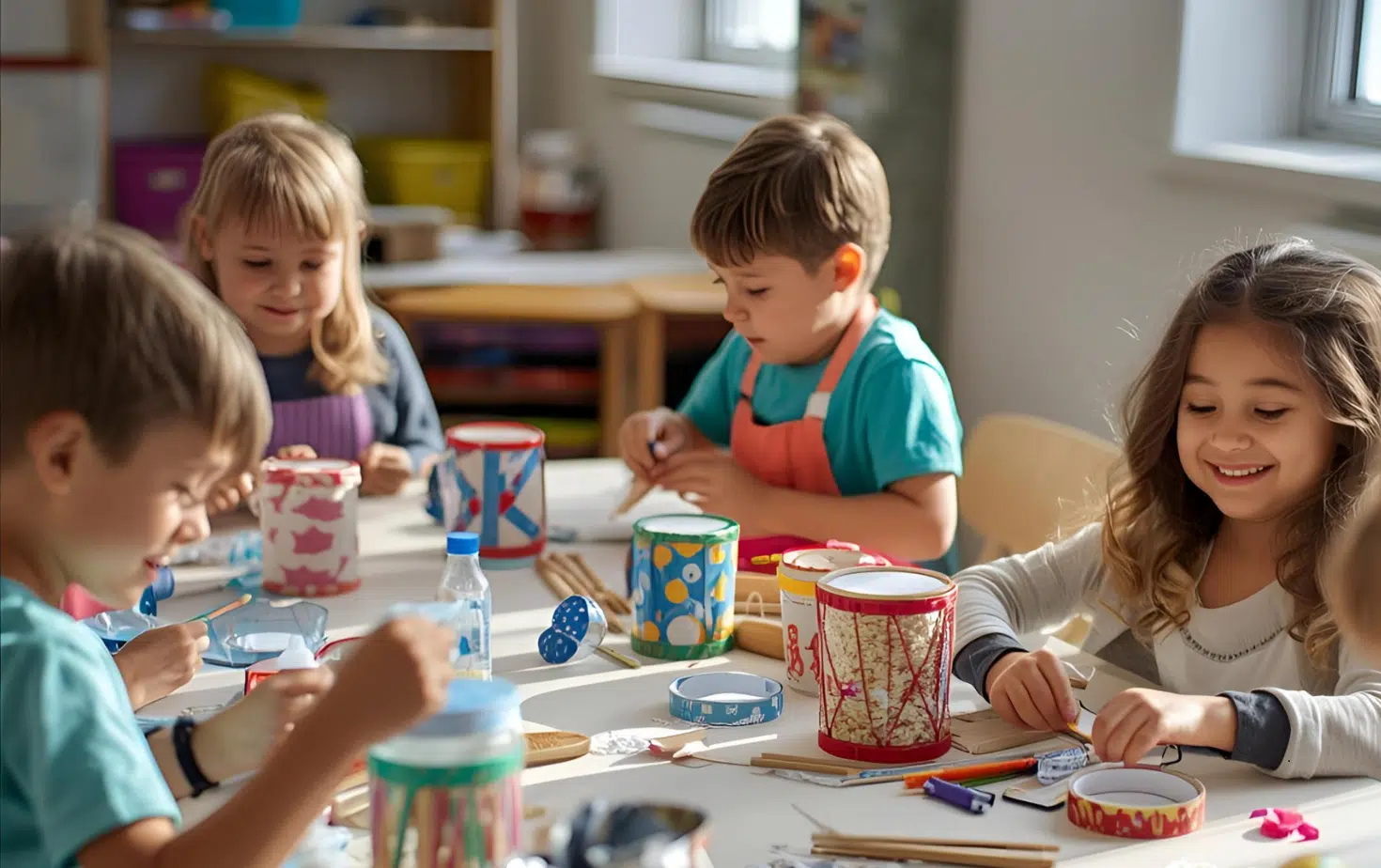 4 enfants bricolent des instruments de musique