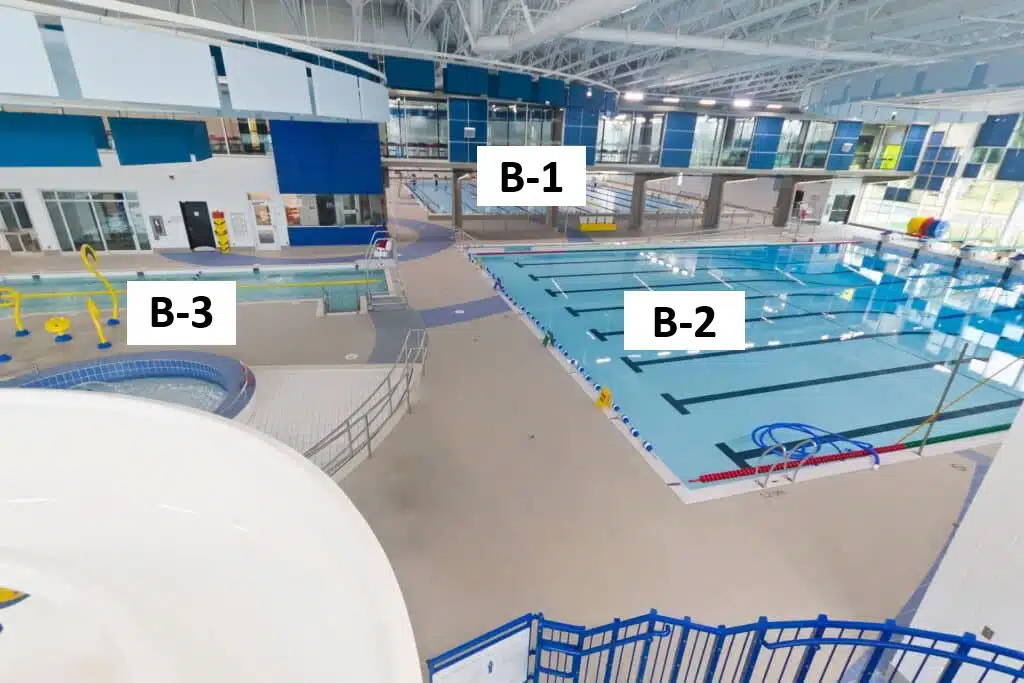 Photo vue de haut des 3 piscines du complexe aquatique avec identification