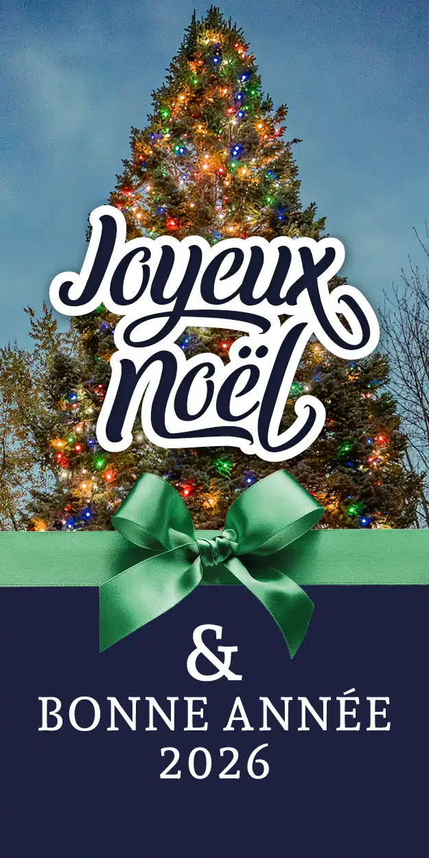 Grand sapin illuminé et boucles. Il est écrit Joyeux noël et bonne année 2026
