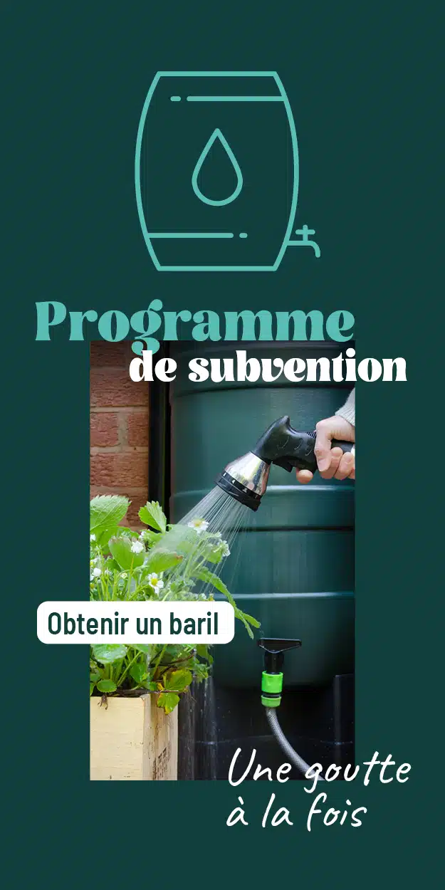 Visuel générique de la subvention, présentant un baril récupérateur de pluie