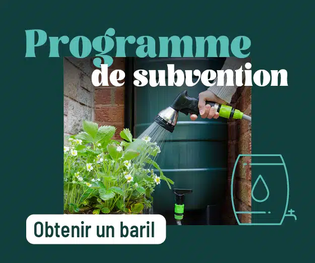 Visuel générique de la subvention, on voit un baril récupérateur d'eau de pluie