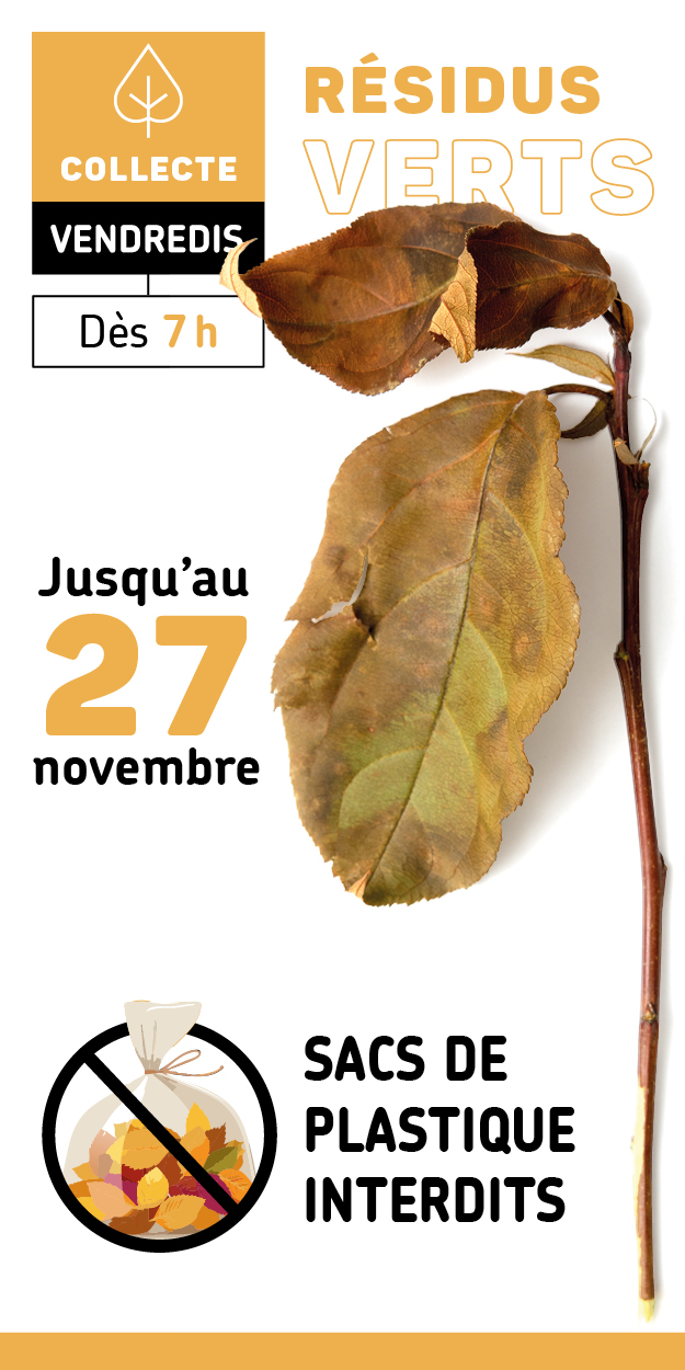 Visuel générique de la collecte de résidus verts, mentionnant que la collecte se poursuit jusqu'au 27novembre