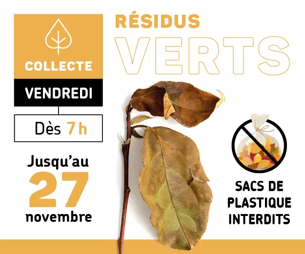 Visuel générique de la collecte de résidus verts, mentionnant que la collecte se poursuit jusqu'au 27novembre