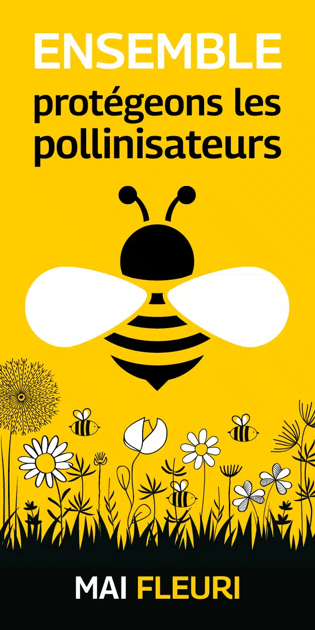 Visuel générique de la campagne mai fleuri on y voit une abeille et des fleurs