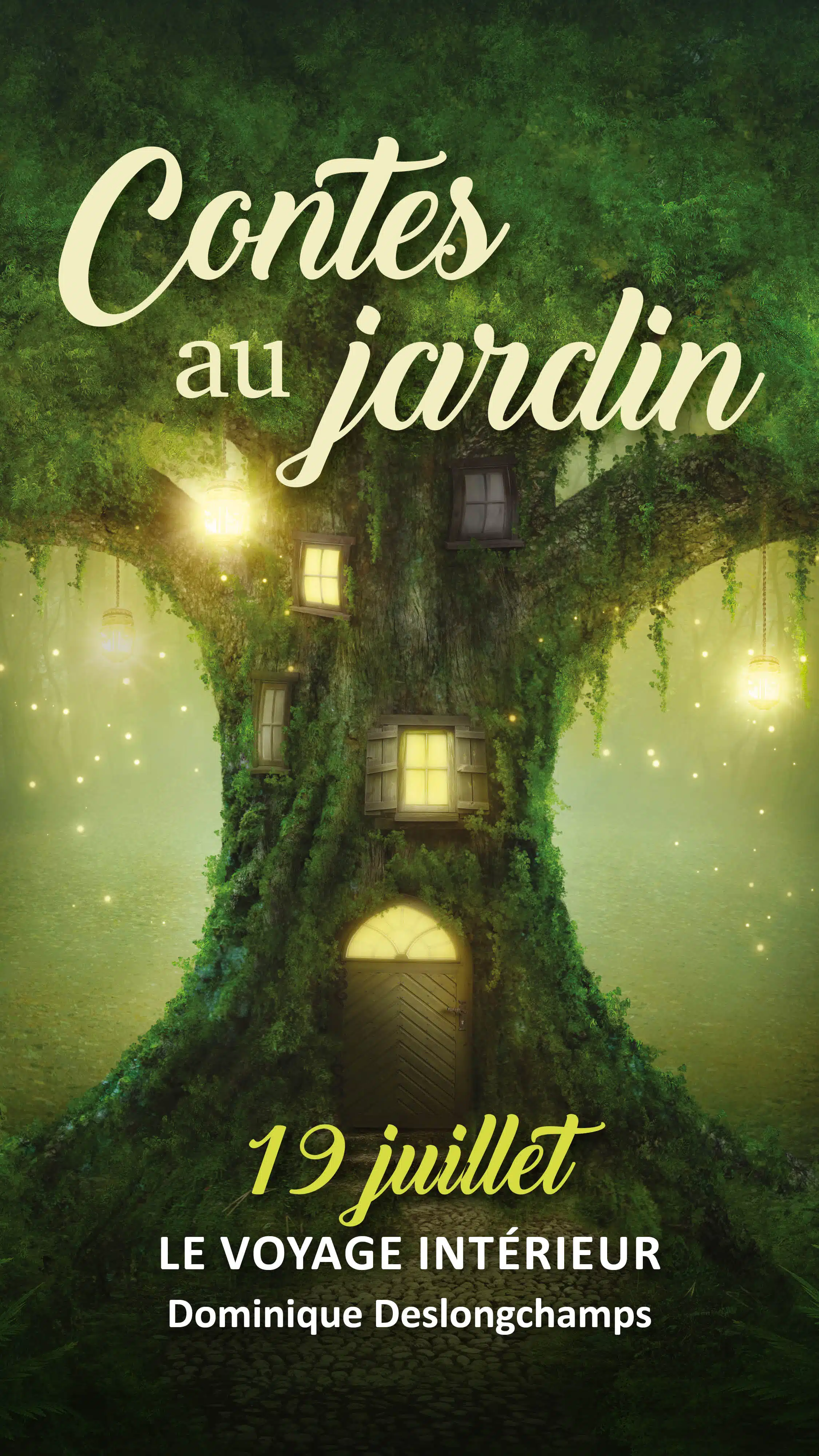 Visuel générique des Contes au jardin avec la date du prochain conte le 19 juillet