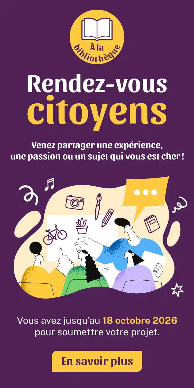 Visuel des Rendez-vous citoyens. On y voit des illustrations de personnages en train d'échanger entre eux et plusieurs icônes de toutes sortes ; vélo, plante, appareil photo, pinceau, etc. L'écriture est blanche et jaune sur un fond mauve prune.